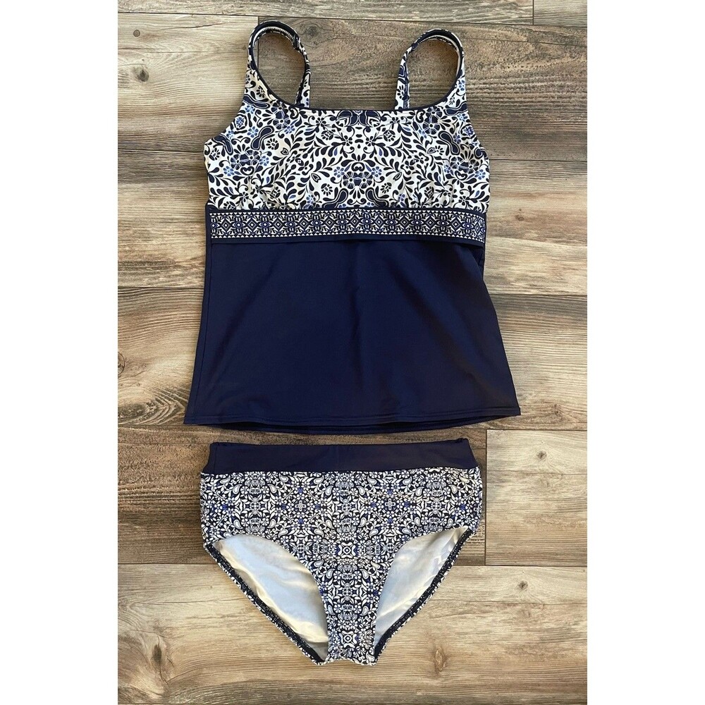 Lands End Women’s Floral Blue White Adjustable Strap Swim Top and Bottom Size 6
